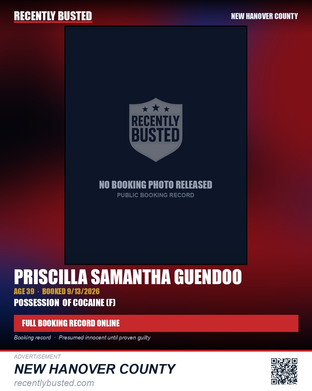 PRISCILLA SAMANTHA GUENDOO — arrest record card, New Hanover County