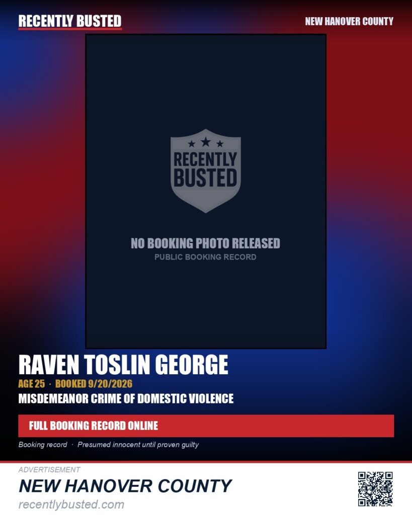 RAVEN TOSLIN GEORGE — arrest record card, New Hanover County