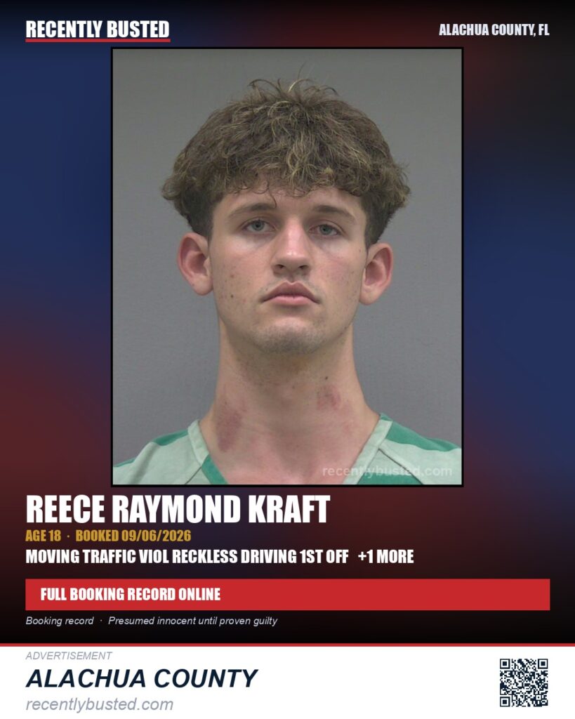 Reece Raymond Kraft — arrest record card, Alachua County, Florida