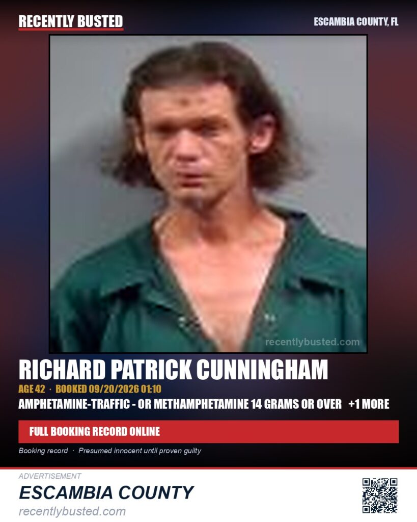 Richard Patrick Cunningham — arrest record card, Escambia County, Florida
