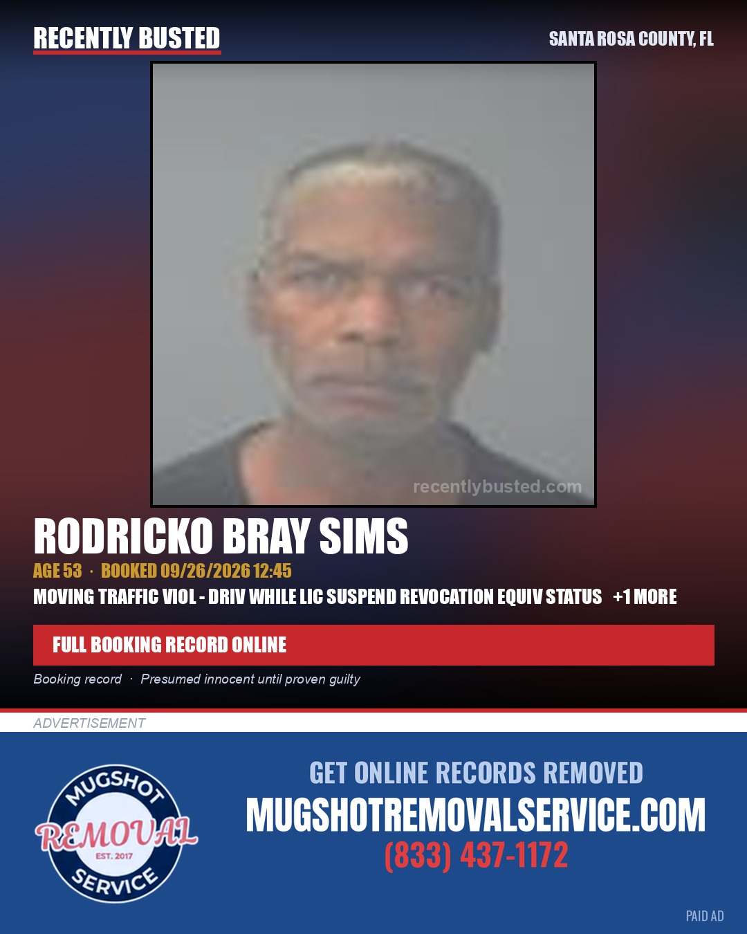 Rodricko Bray Sims — arrest record card, Santa Rosa County, Florida