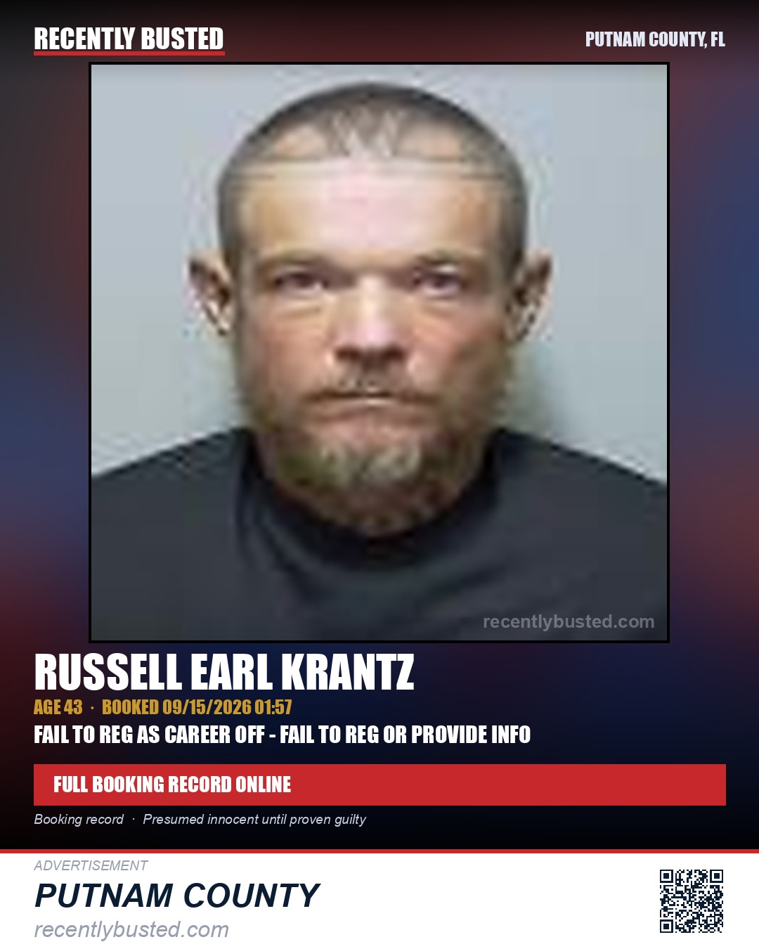 Russell Earl Krantz — arrest record card, Putnam County, Florida