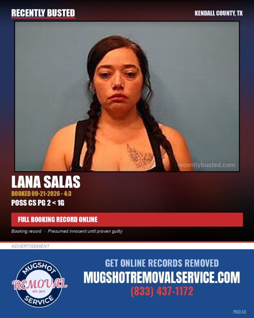 Salas, Lana — arrest record card, Kendall County, Texas