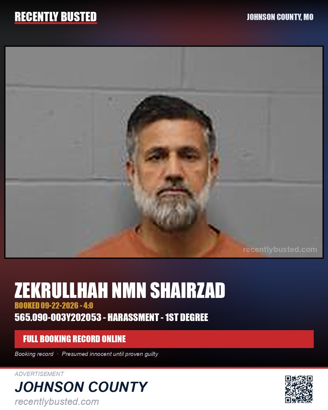 SHAIRZAD, ZEKRULLHAH NMN — arrest record card, Johnson County, Missouri