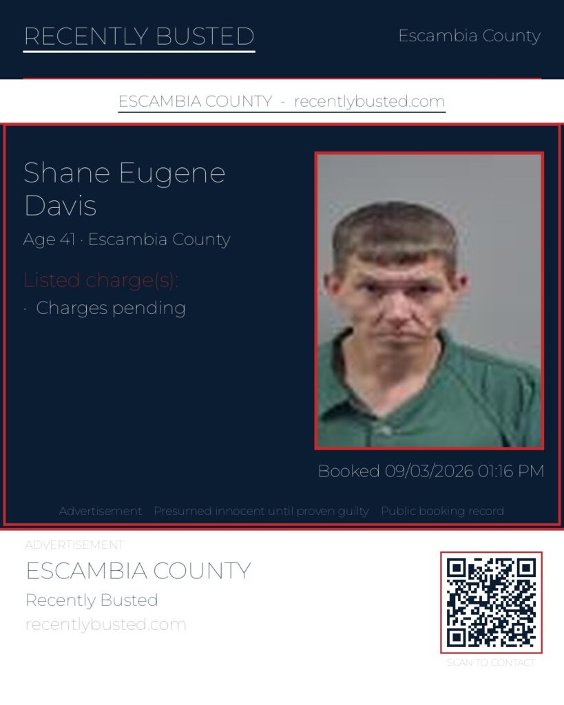 Shane Eugene Davis — arrest record card, Escambia County, Florida