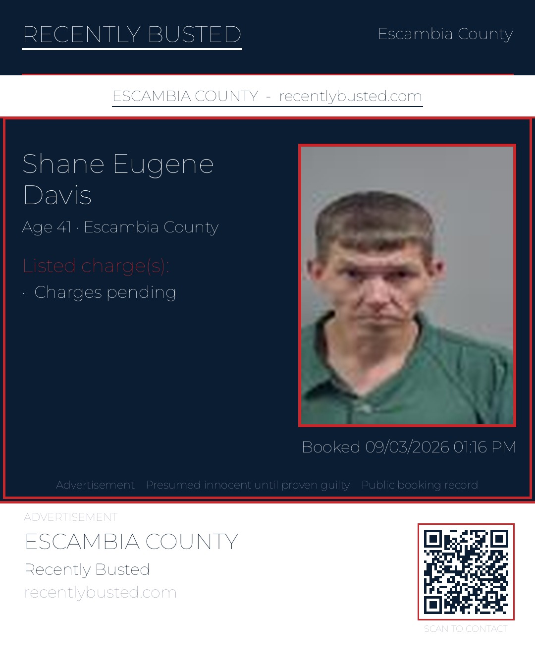Shane Eugene Davis — arrest record card, Escambia County, Florida