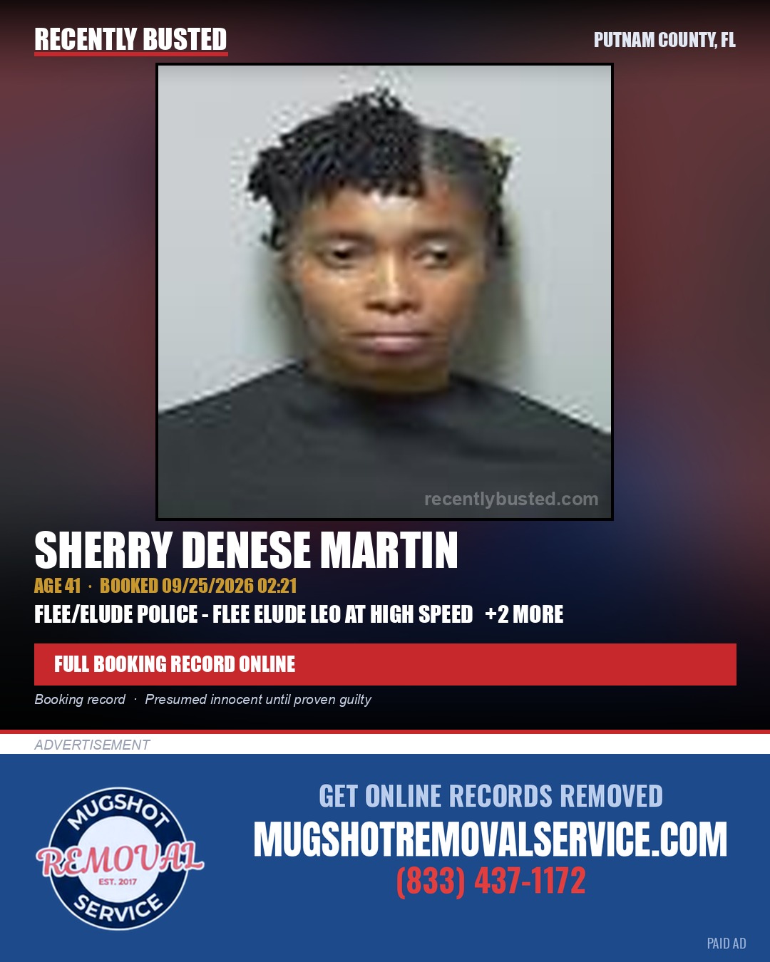 Sherry Denese Martin — arrest record card, Putnam County, Florida