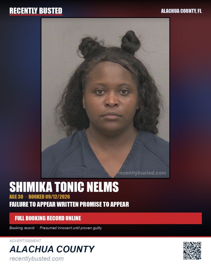 Shimika Tonic Nelms — arrest record card, Alachua County, Florida