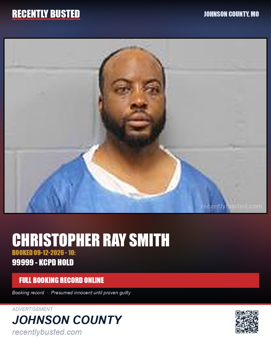 SMITH, CHRISTOPHER RAY — arrest record card, Johnson County, Missouri
