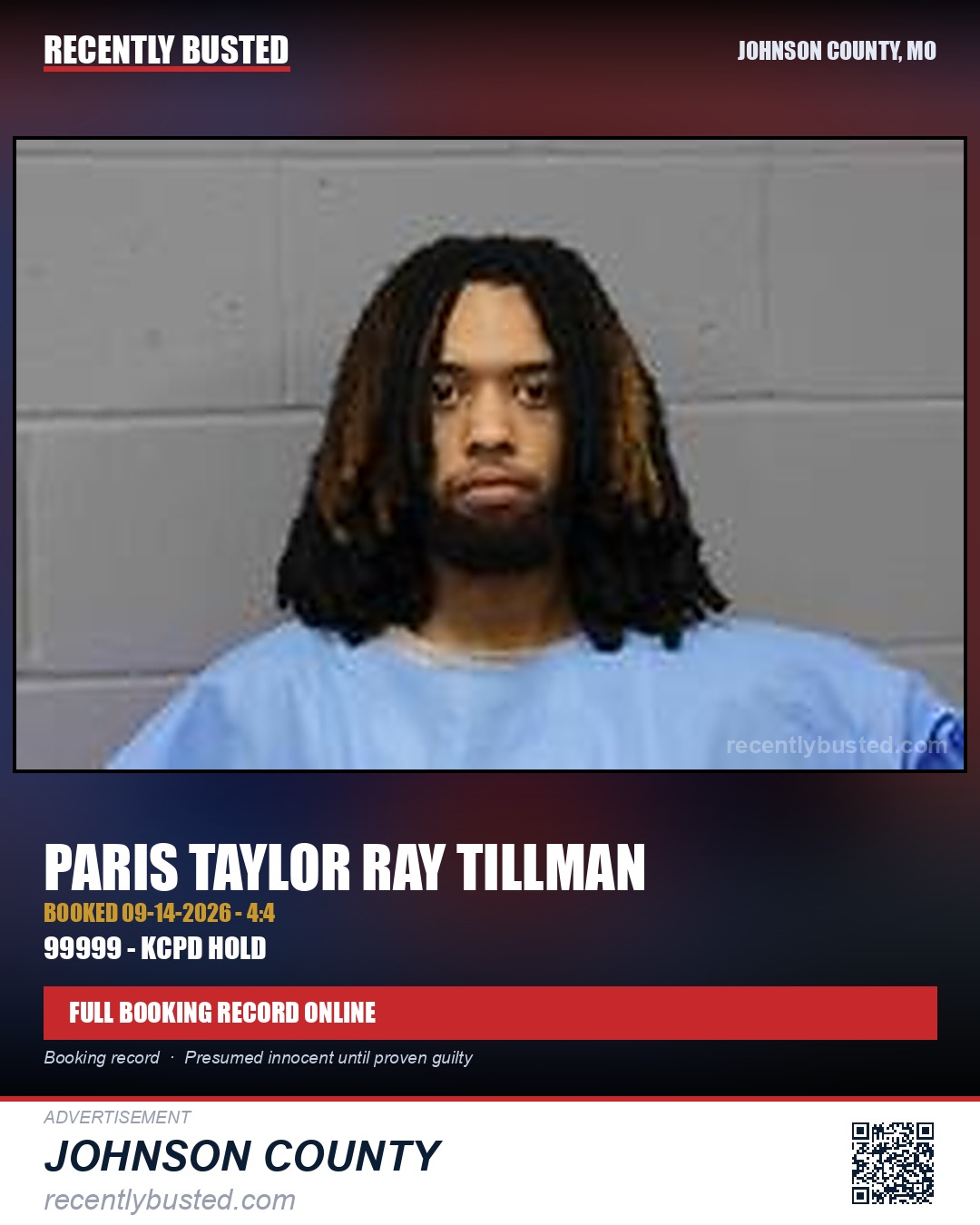 TILLMAN, PARIS TAYLOR RAY — arrest record card, Johnson County, Missouri