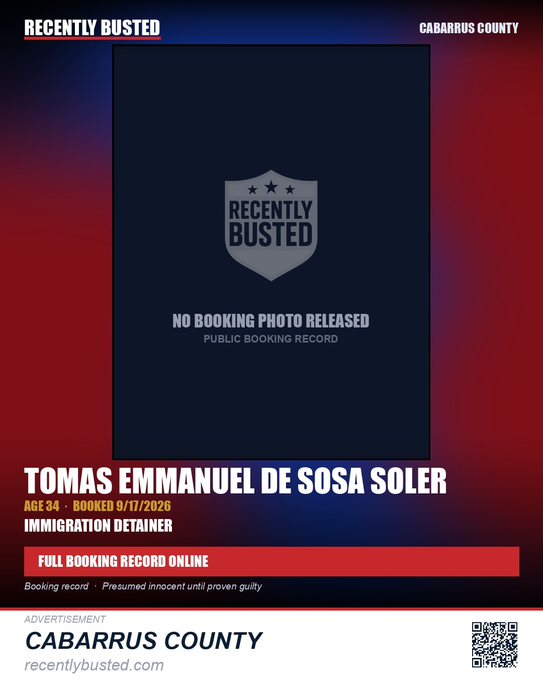 TOMAS EMMANUEL DE SOSA SOLER — arrest record card, Cabarrus County