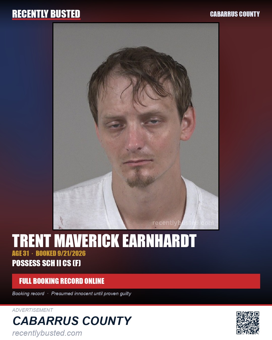 TRENT MAVERICK EARNHARDT — arrest record card, Cabarrus County