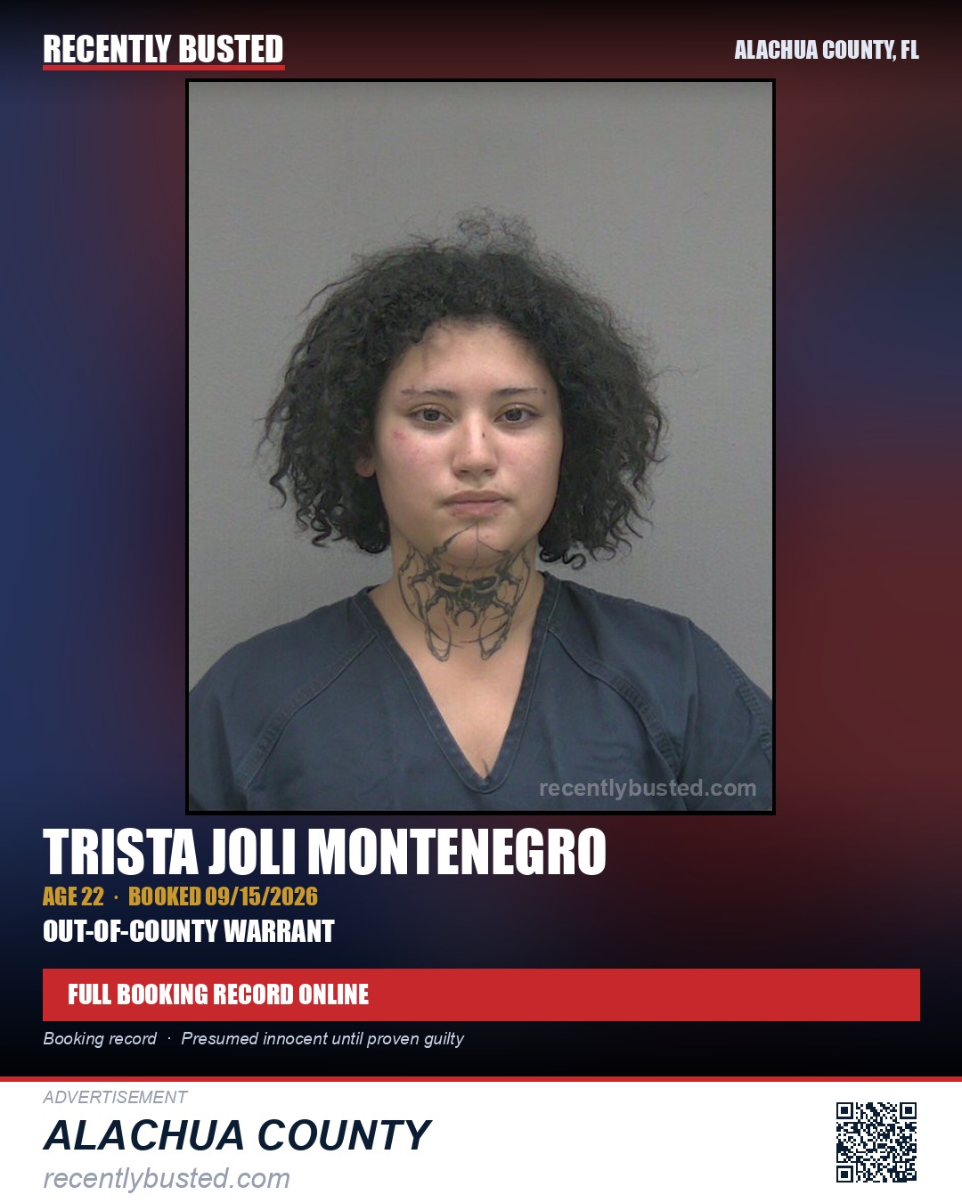 Trista Joli Montenegro — arrest record card, Alachua County, Florida