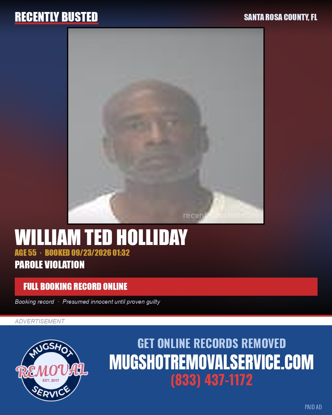 William Ted Holliday — arrest record card, Santa Rosa County, Florida
