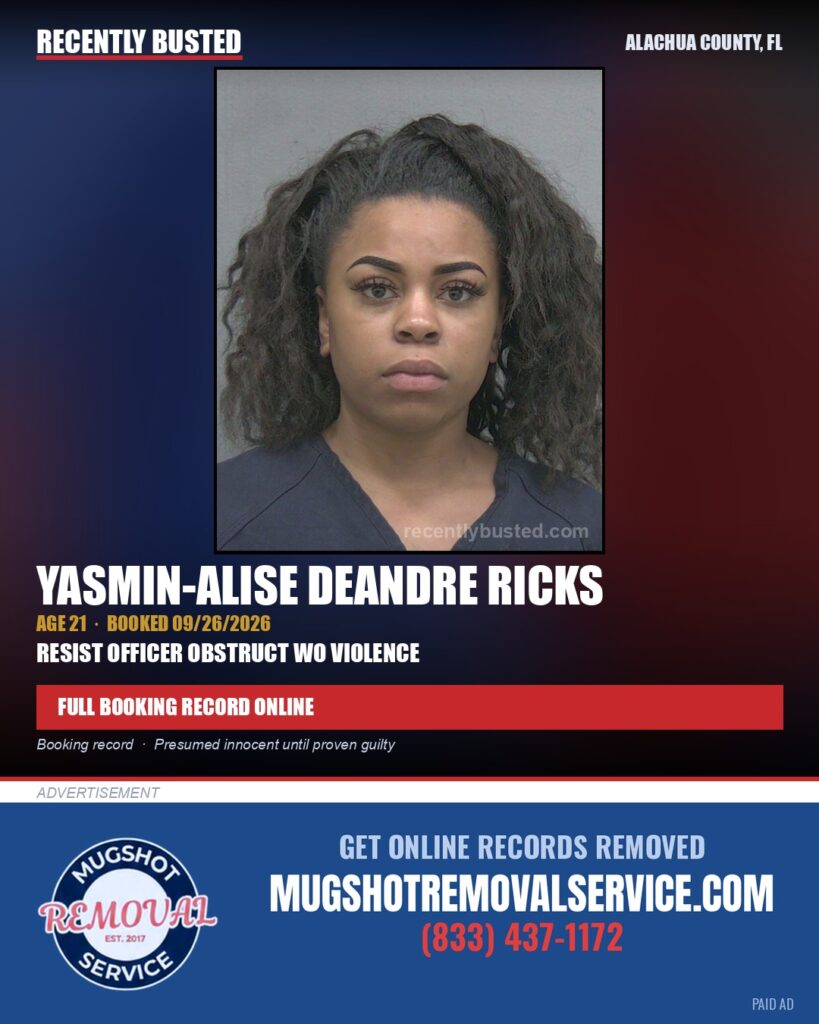 Yasmin-Alise Deandre Ricks — arrest record card, Alachua County, Florida