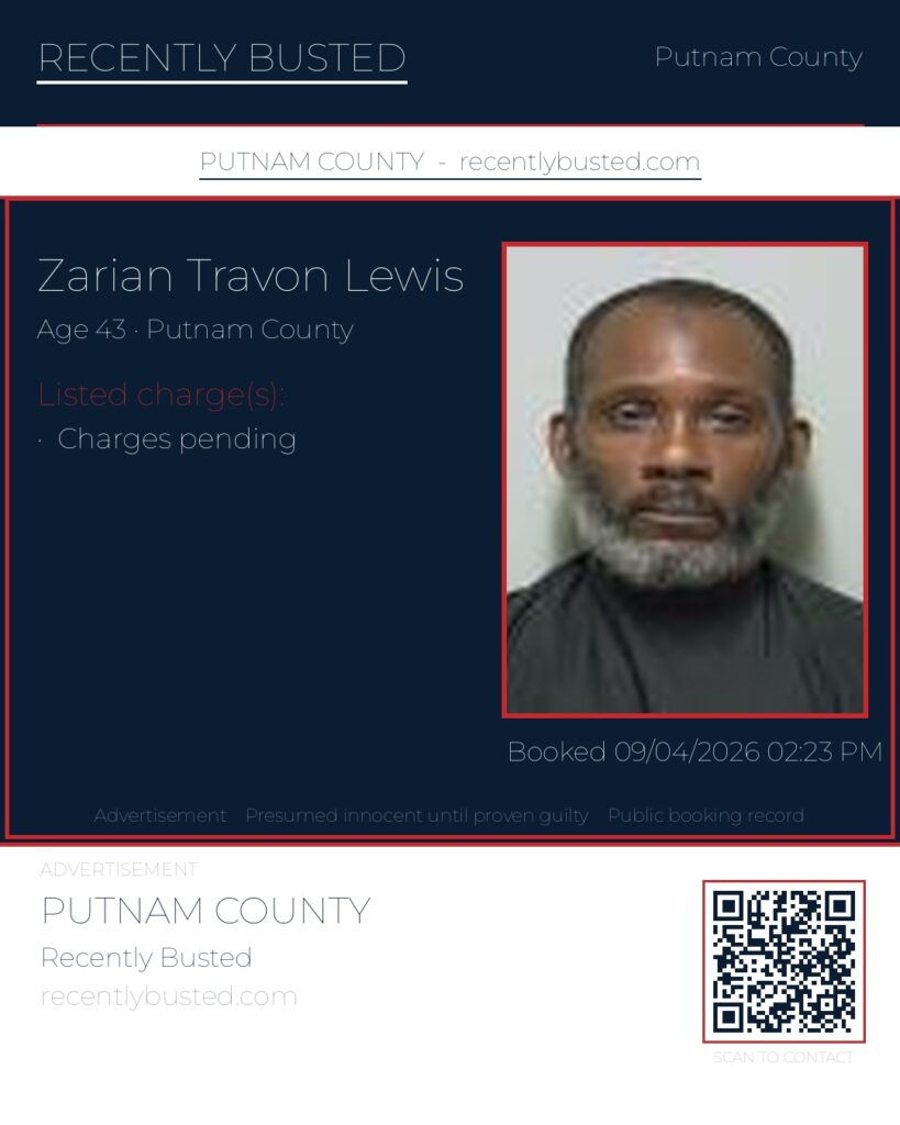 Zarian Travon Lewis — arrest record card, Putnam County, Florida