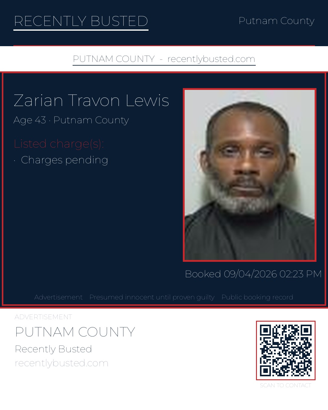 Zarian Travon Lewis — arrest record card, Putnam County, Florida