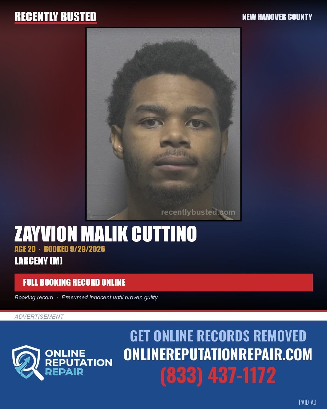 ZAYVION MALIK CUTTINO — arrest record card, New Hanover County