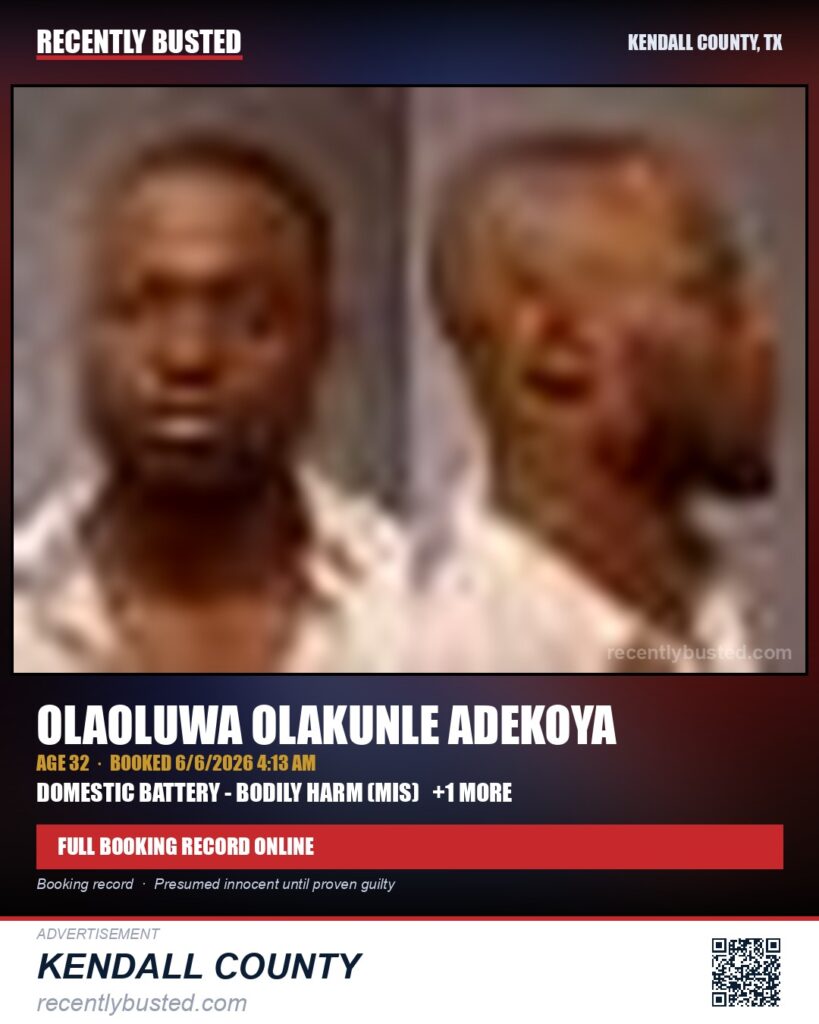 ADEKOYA, OLAOLUWA OLAKUNLE — arrest record card, Kendall County, Illinois