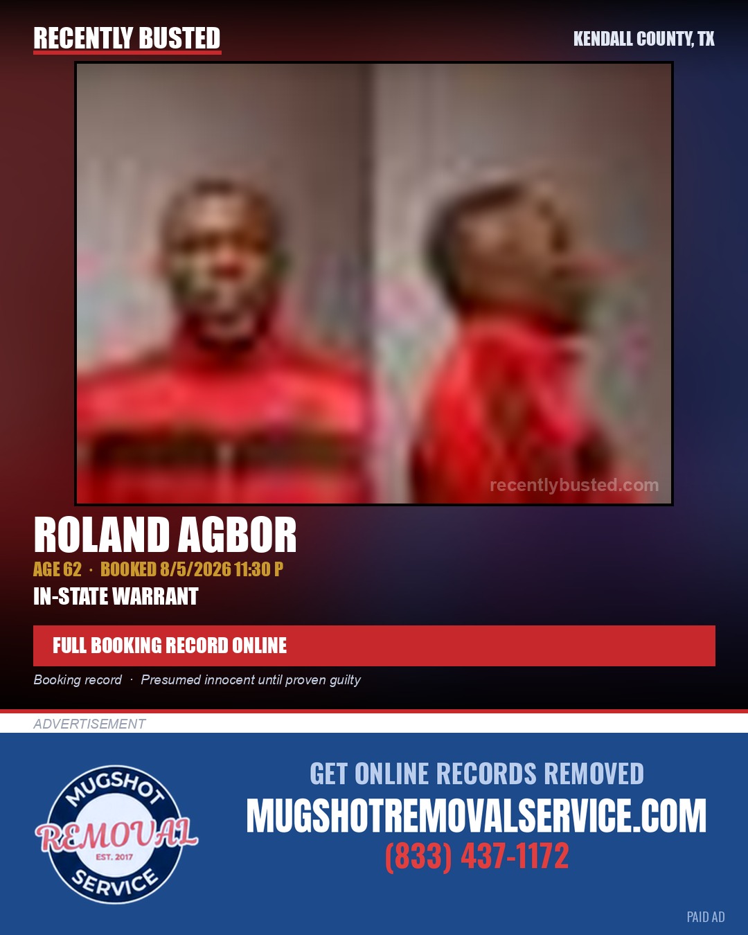 AGBOR, ROLAND — arrest record card, Kendall County, Illinois