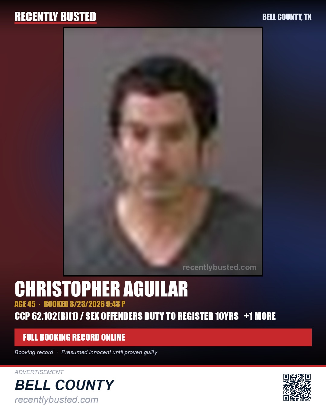 AGUILAR, CHRISTOPHER — arrest record card, Bell County, Texas