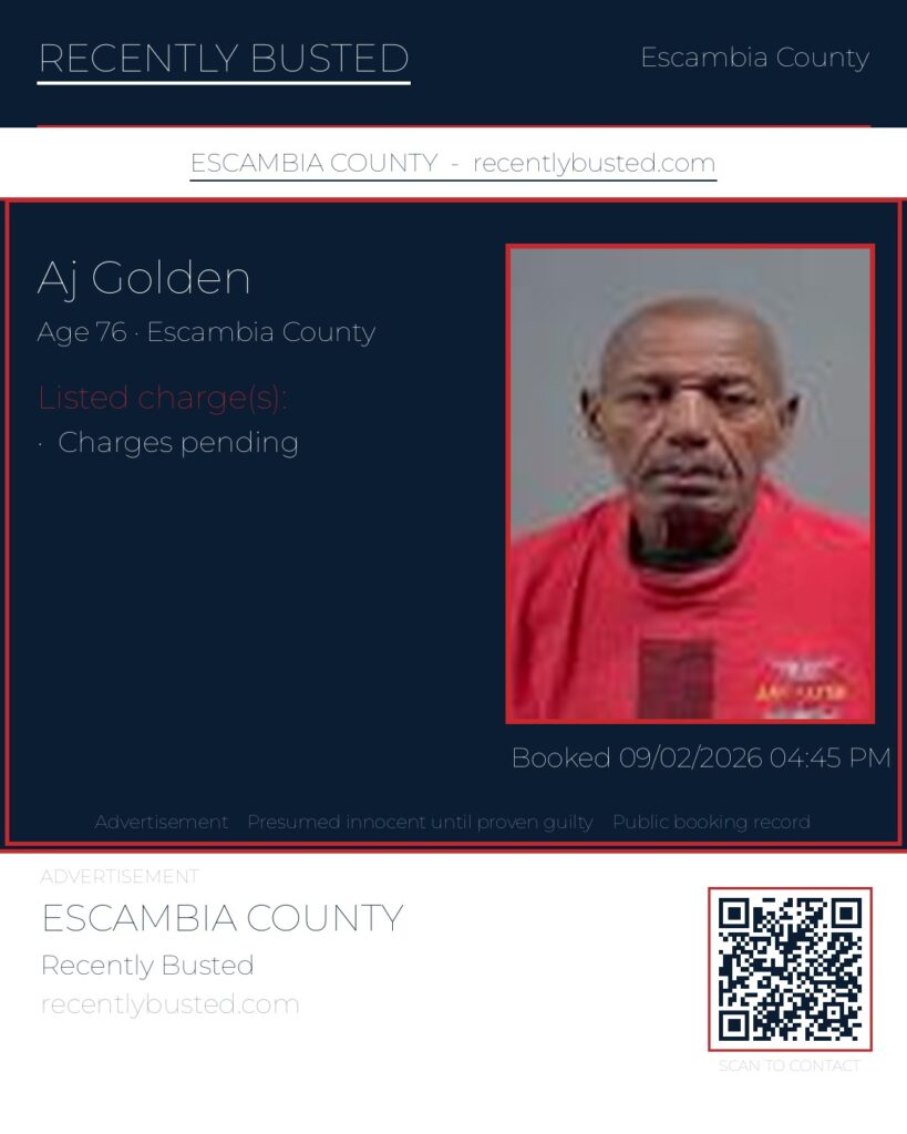 Aj Golden — arrest record card, Escambia County, Florida