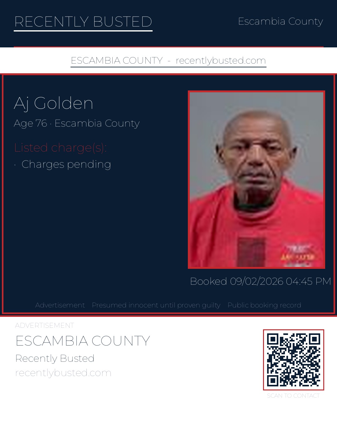 Aj Golden — arrest record card, Escambia County, Florida
