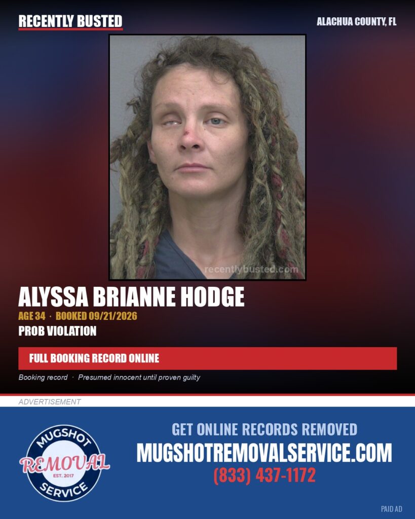Alyssa Brianne Hodge — arrest record card, Alachua County, Florida