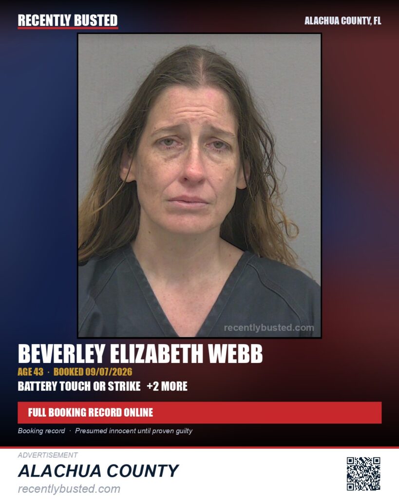 Beverley Elizabeth Webb — arrest record card, Alachua County, Florida