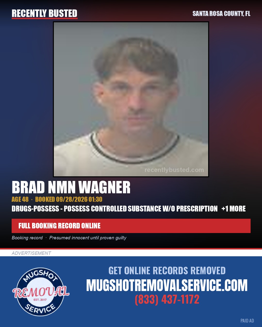 Brad Nmn Wagner — arrest record card, Santa Rosa County, Florida