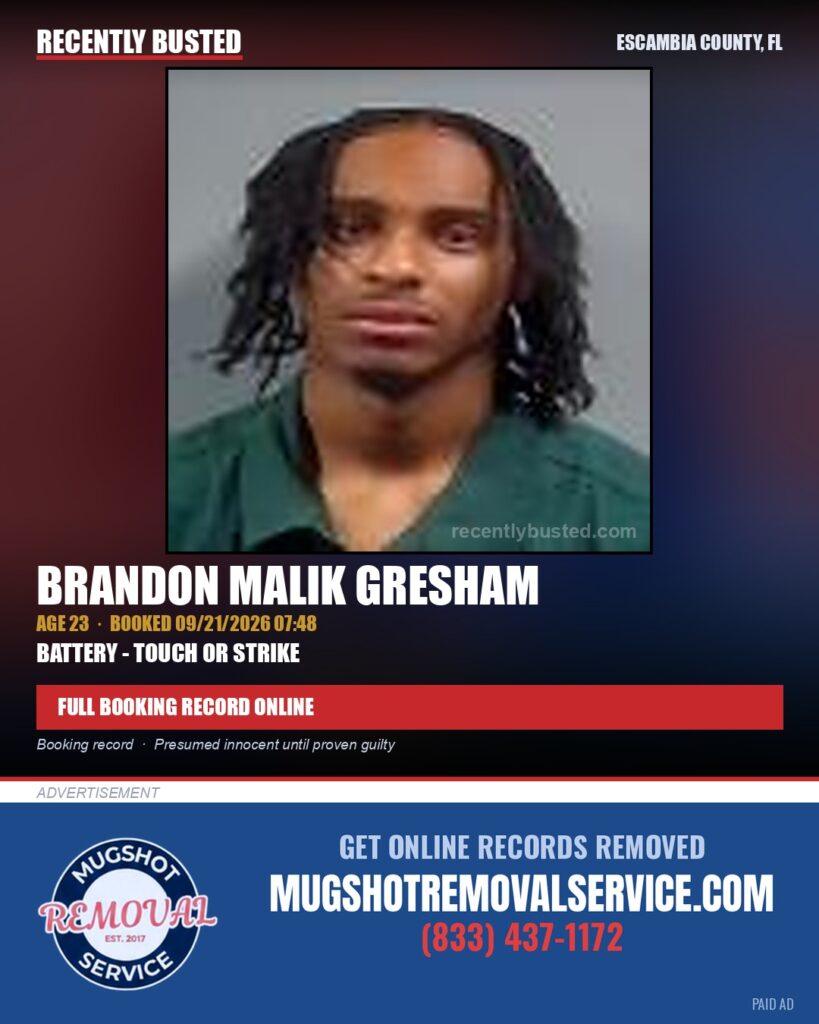 Brandon Malik Gresham — arrest record card, Escambia County, Florida