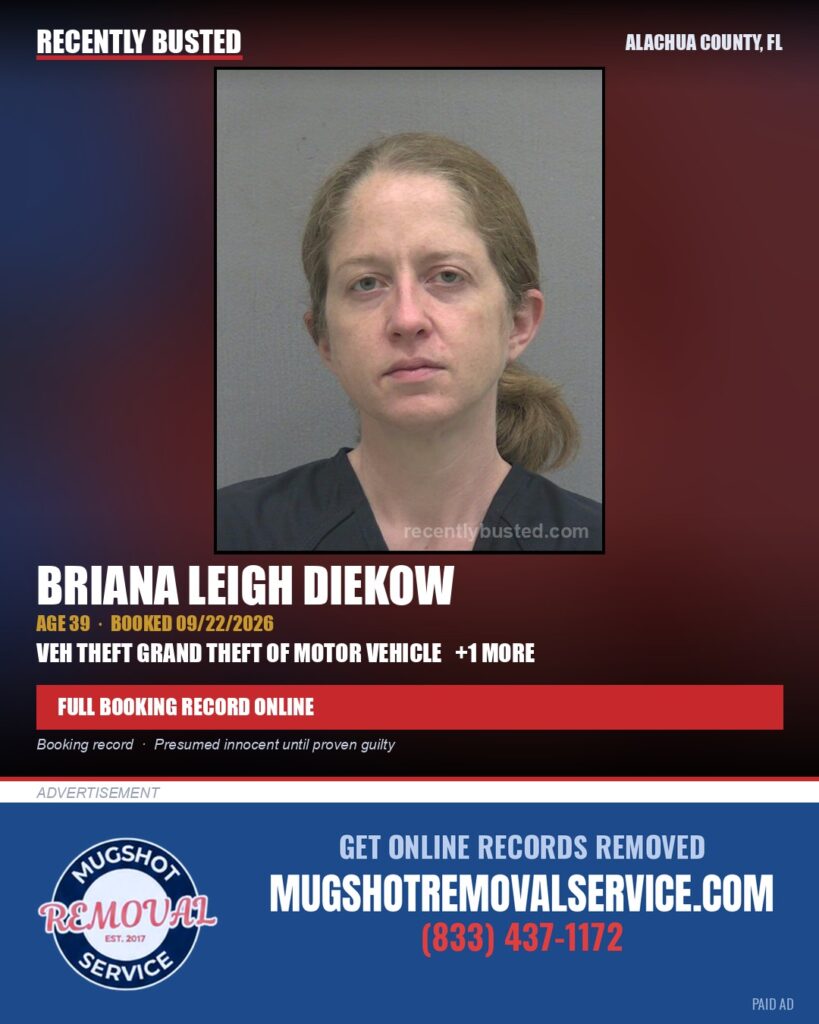 Briana Leigh Diekow — arrest record card, Alachua County, Florida
