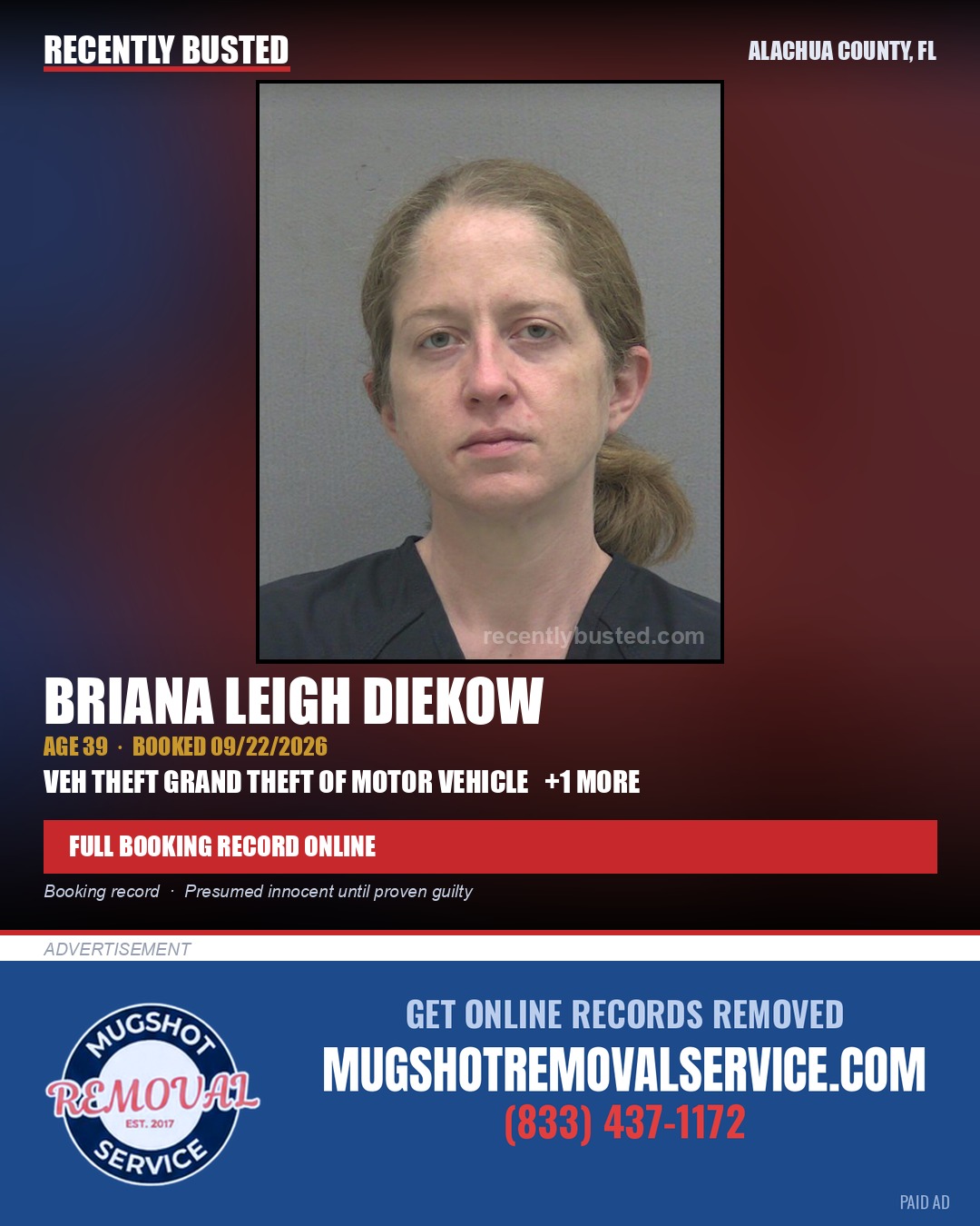 Briana Leigh Diekow — arrest record card, Alachua County, Florida