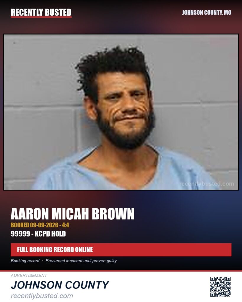 BROWN, AARON MICAH — arrest record card, Johnson County, Missouri