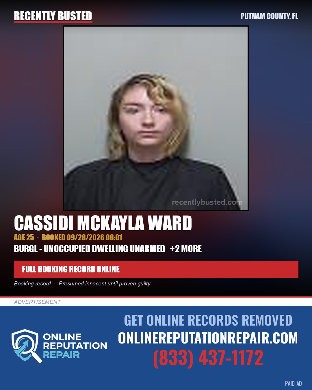 Cassidi Mckayla Ward — arrest record card, Putnam County, Florida
