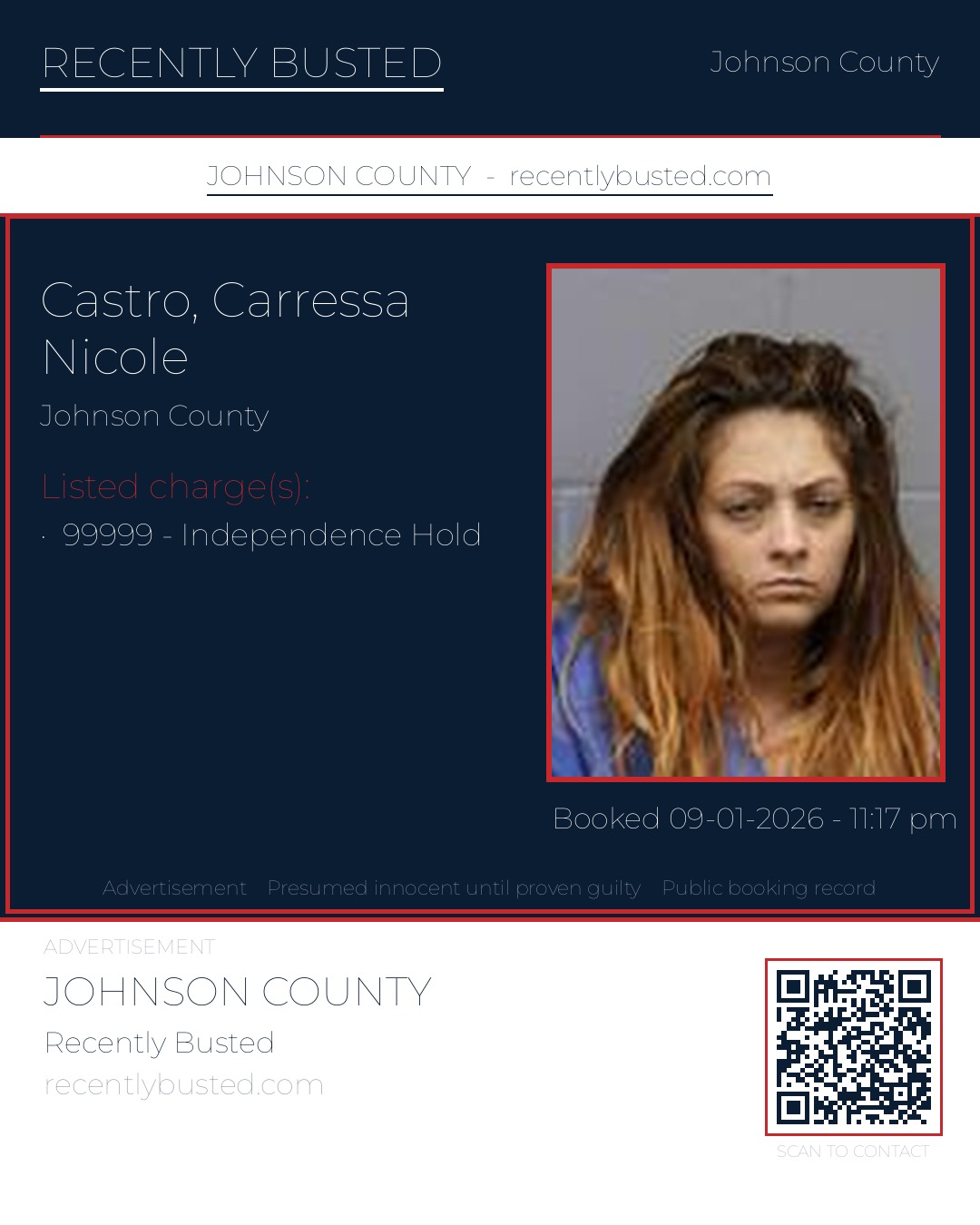 CASTRO, CARRESSA NICOLE — arrest record card, Johnson County, Missouri