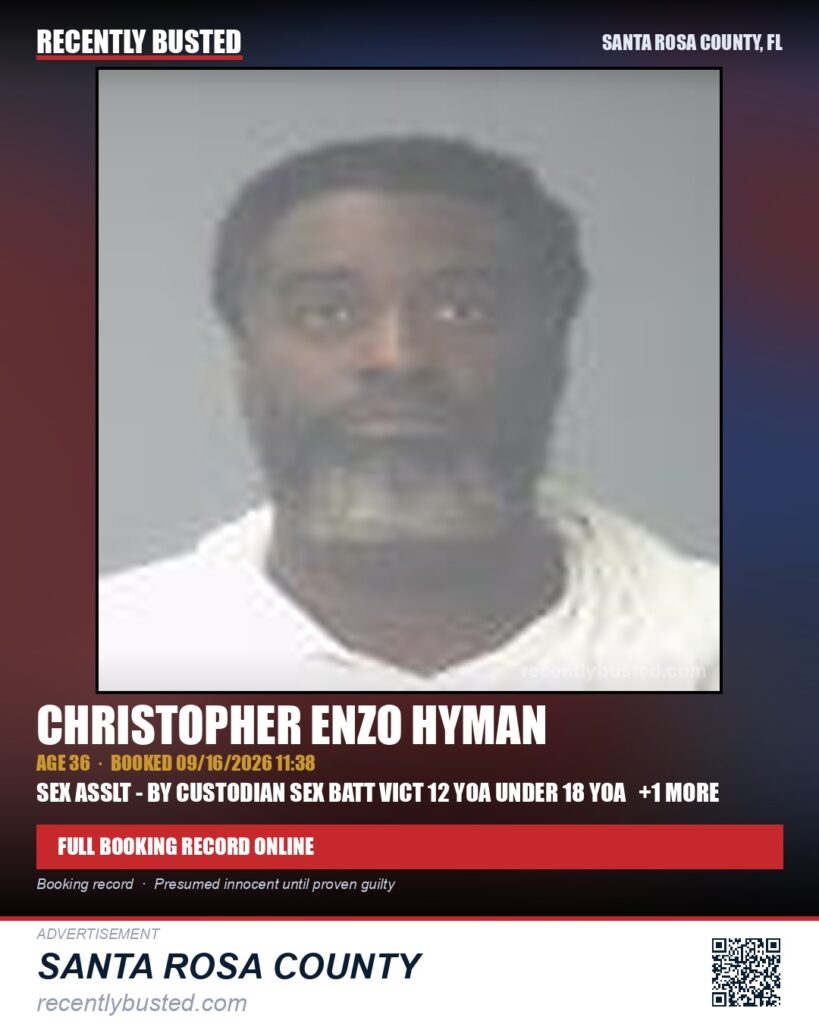 Christopher Enzo Hyman — arrest record card, Santa Rosa County, Florida