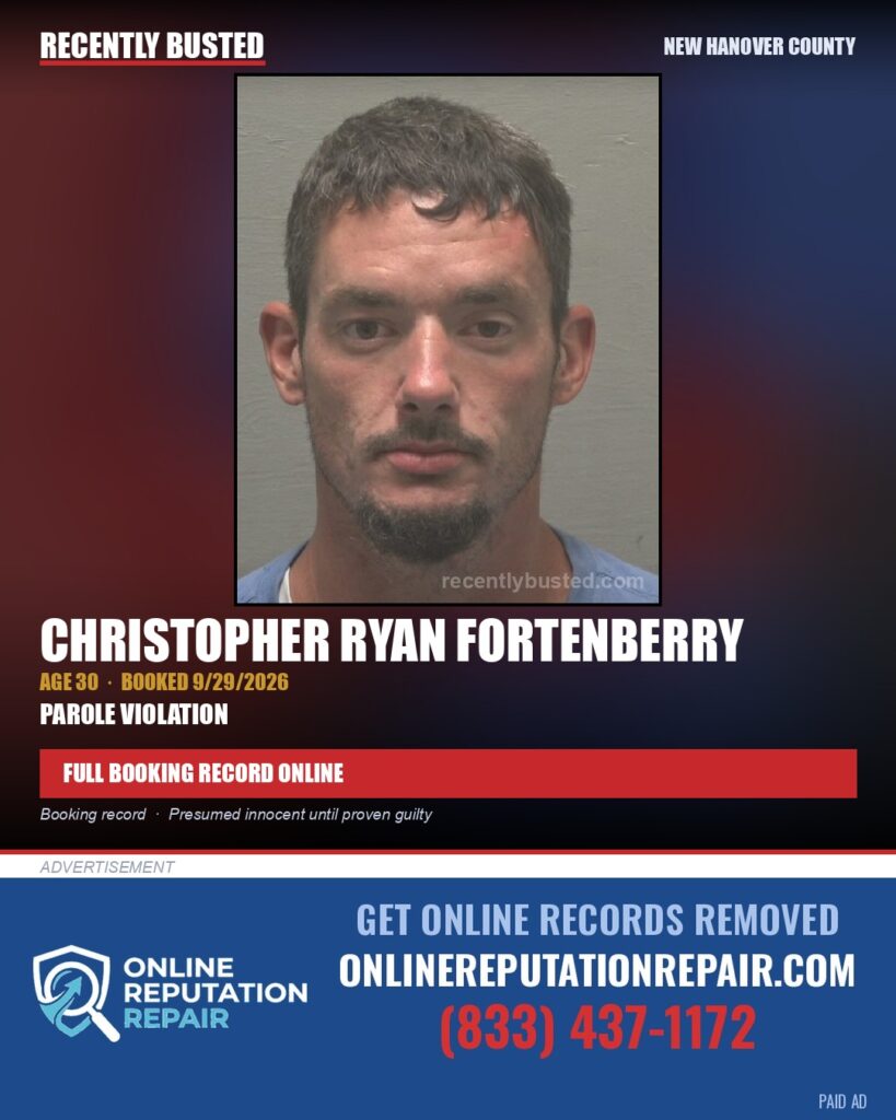 CHRISTOPHER RYAN FORTENBERRY — arrest record card, New Hanover
