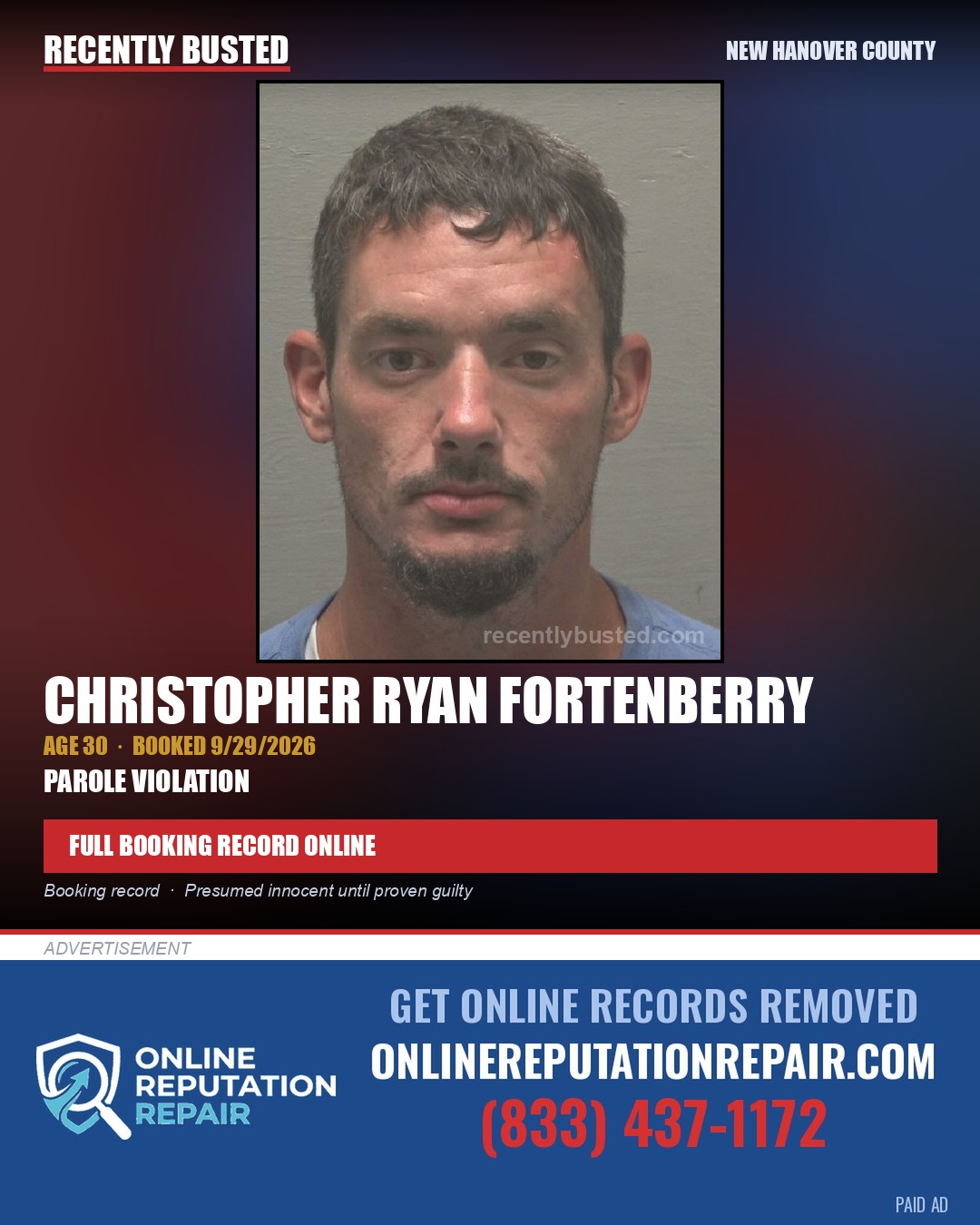 CHRISTOPHER RYAN FORTENBERRY — arrest record card, New Hanover County