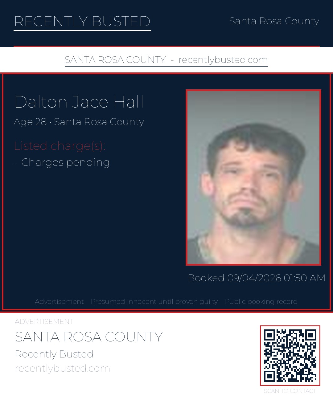 Dalton Jace Hall — arrest record card, Santa Rosa County, Florida