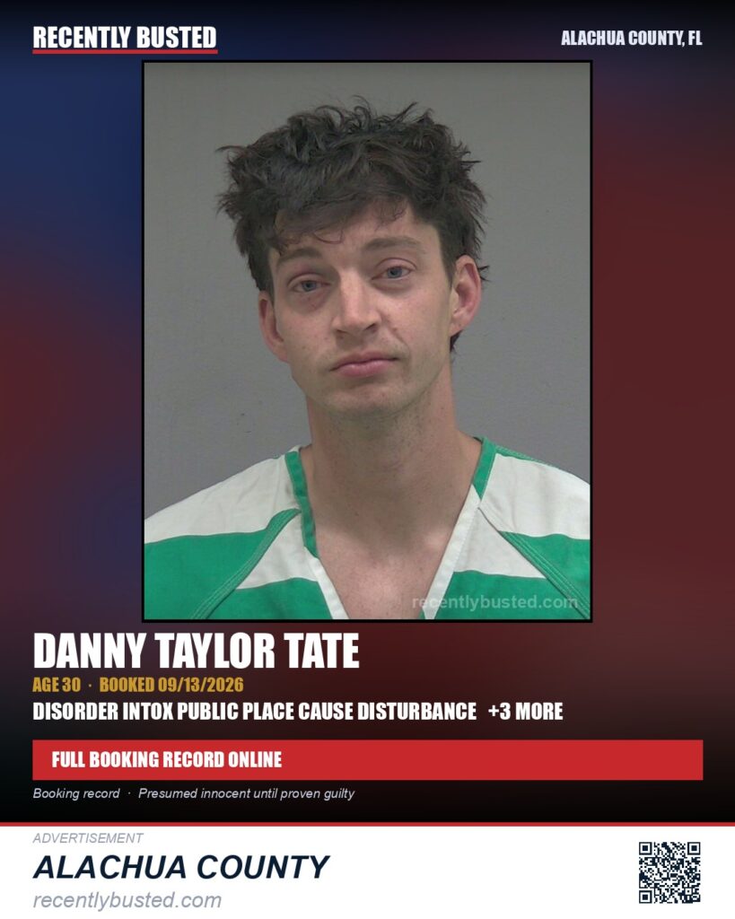 Danny Taylor Tate — arrest record card, Alachua County, Florida