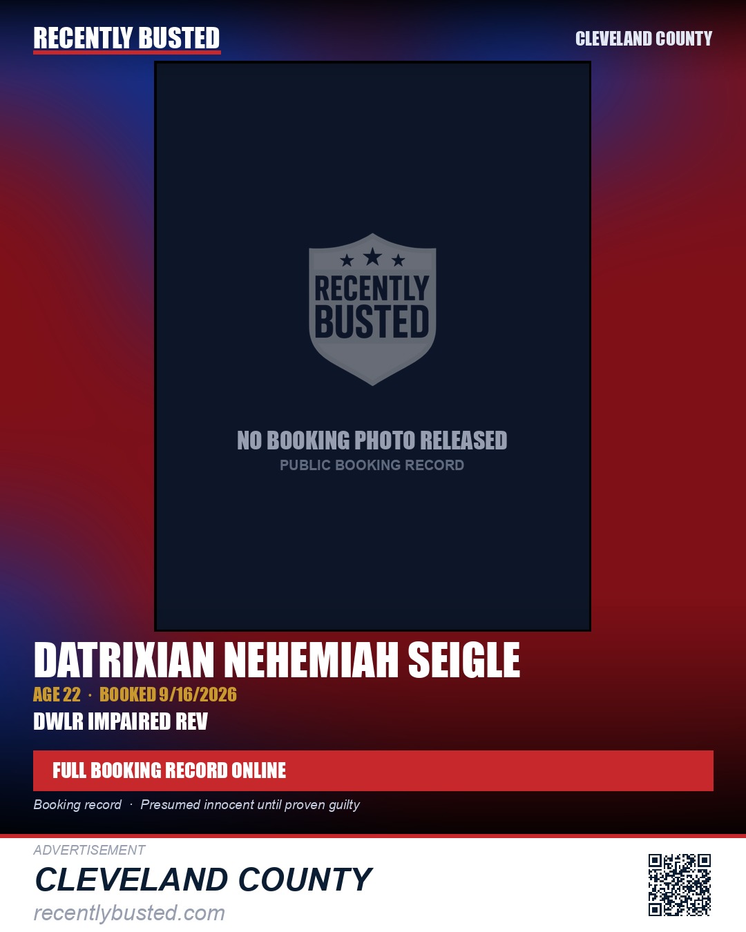 DATRIXIAN NEHEMIAH SEIGLE — arrest record card, Cleveland County