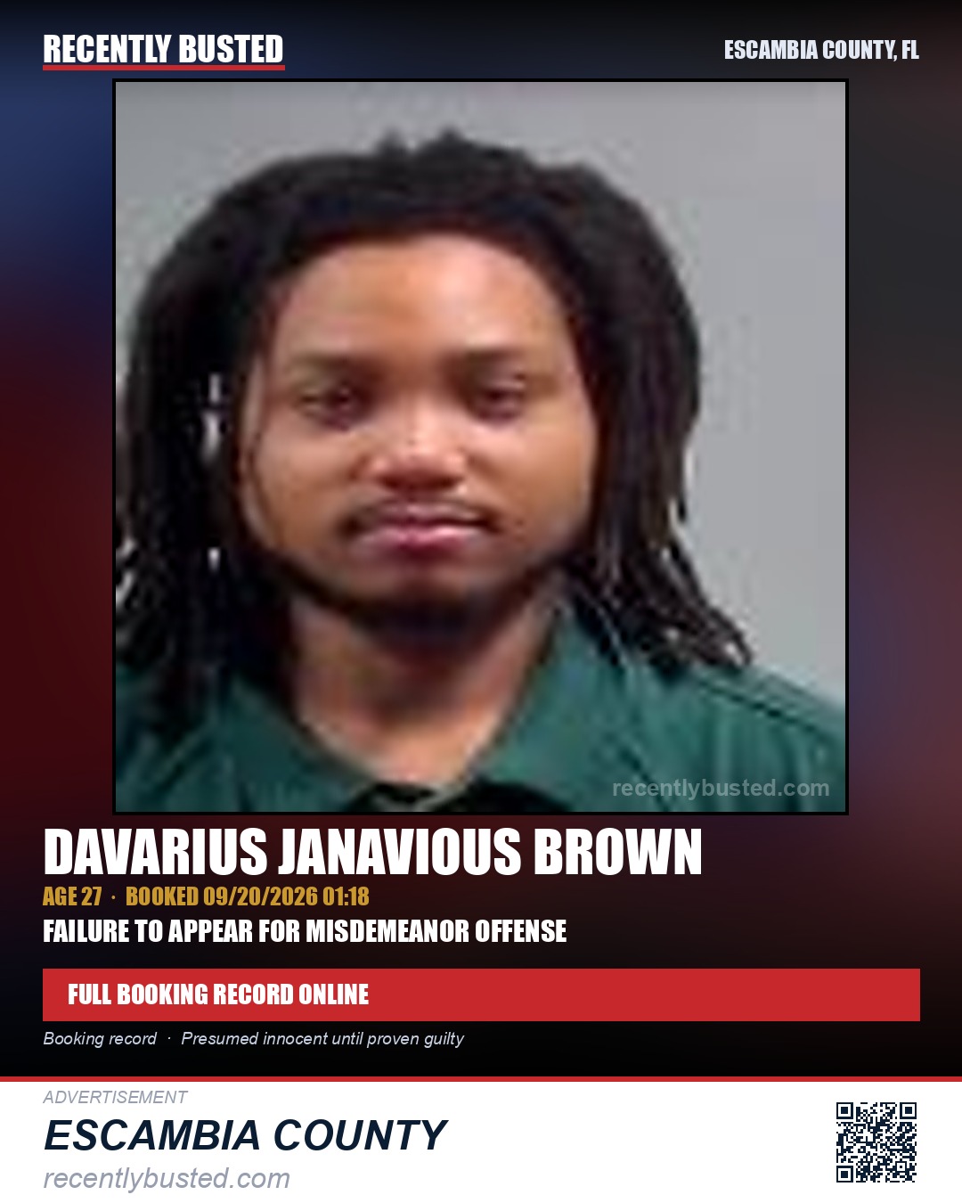 Davarius Janavious Brown — arrest record card, Escambia County, Florida