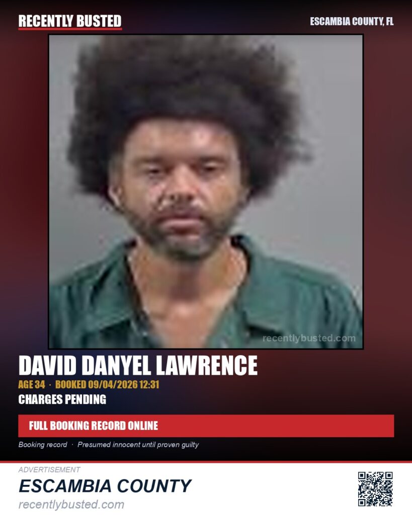 David Danyel Lawrence — arrest record card, Escambia County, Florida