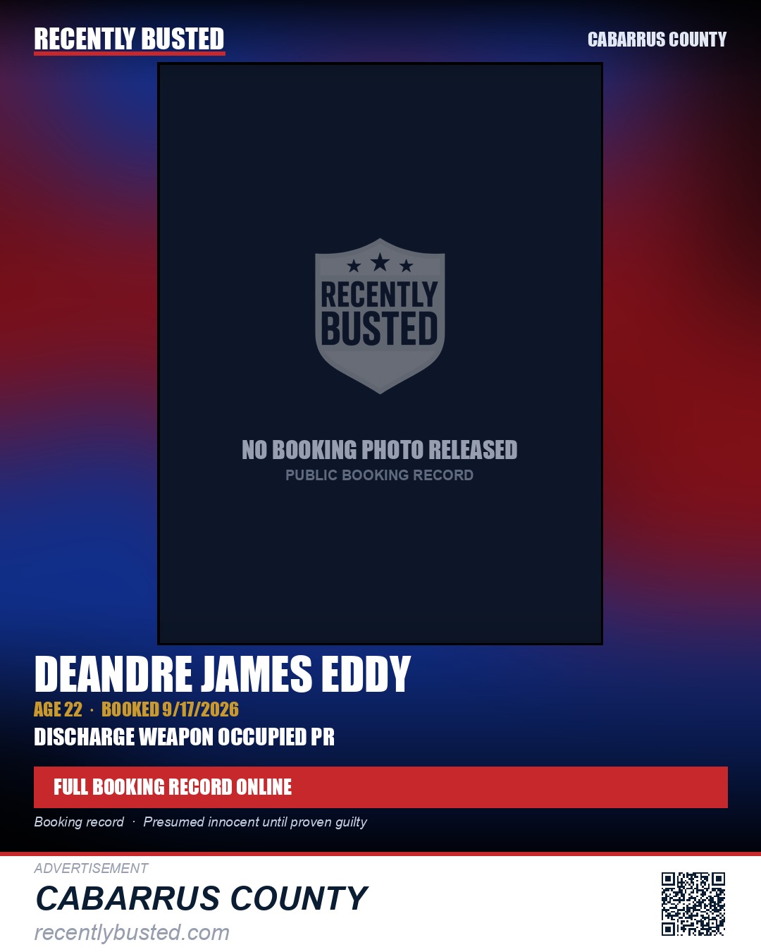DEANDRE JAMES EDDY — arrest record card, Cabarrus County