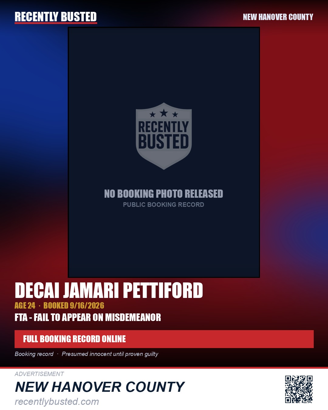 DECAI JAMARI PETTIFORD — arrest record card, New Hanover County