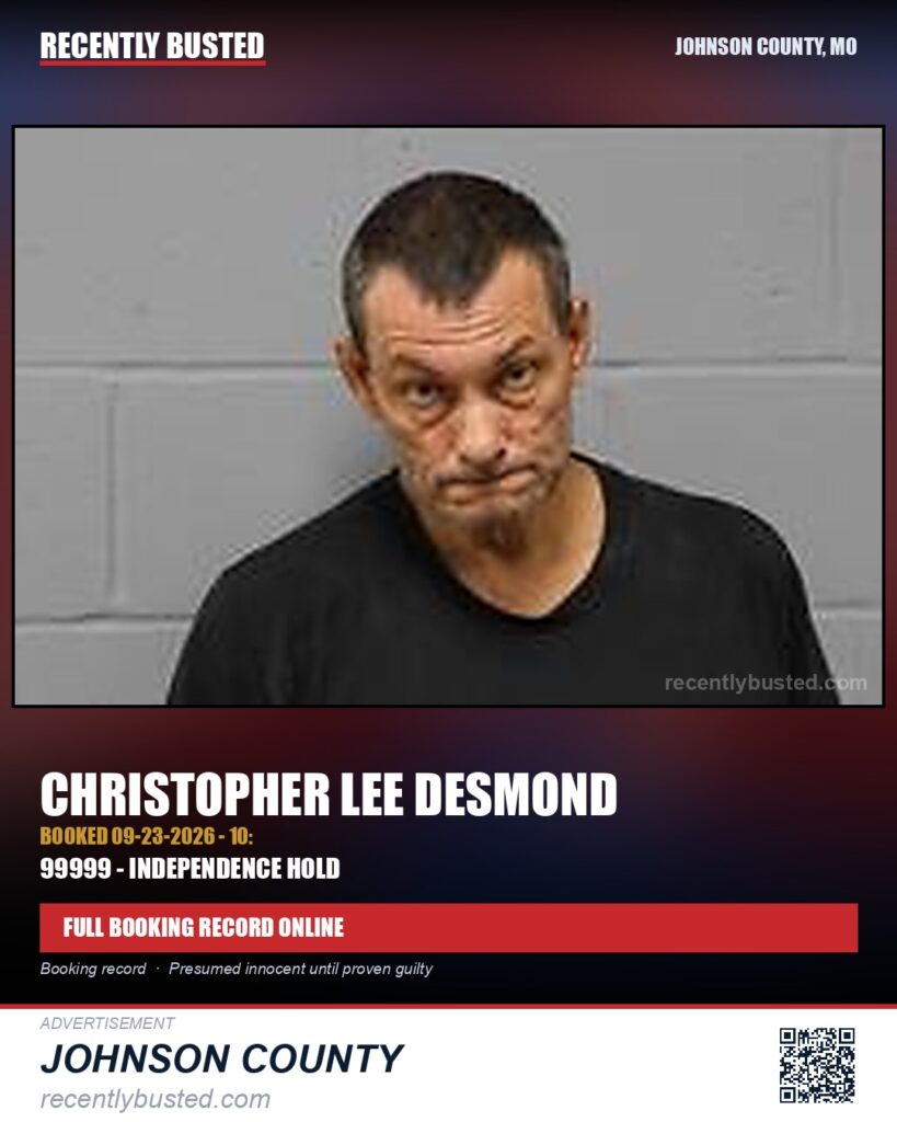 DESMOND, CHRISTOPHER LEE — arrest record card, Johnson County, Missouri