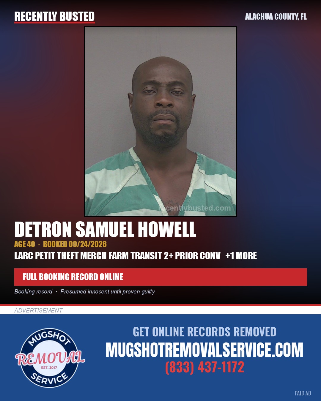 Detron Samuel Howell — arrest record card, Alachua County, Florida