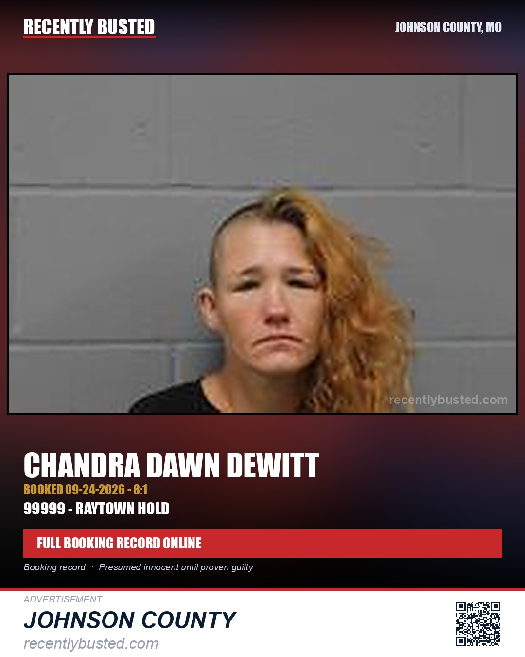 DEWITT, CHANDRA DAWN — arrest record card, Johnson County, Missouri