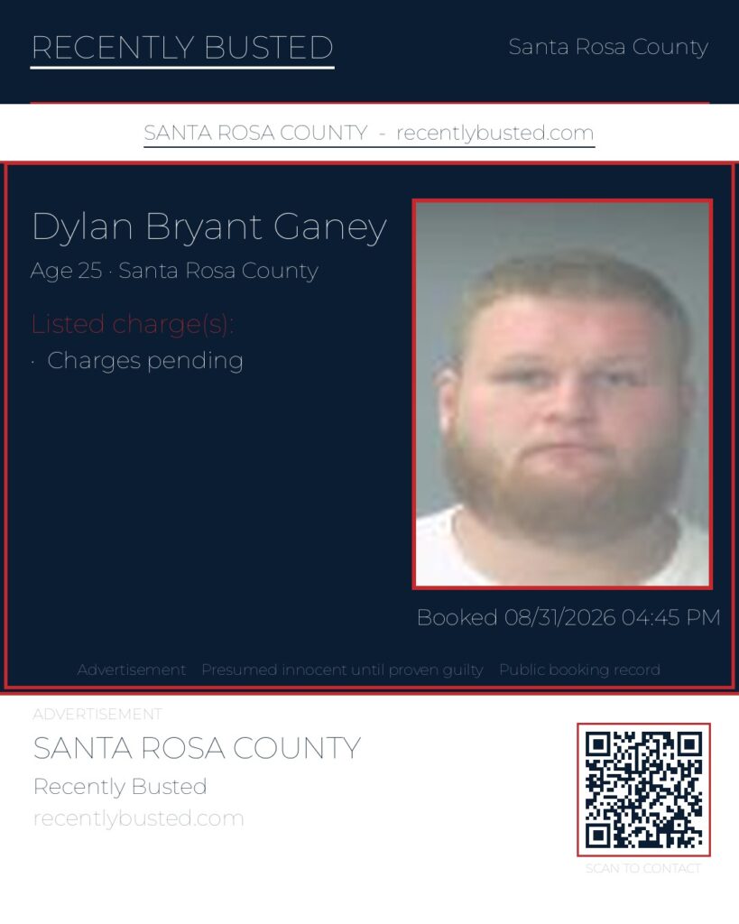 Dylan Bryant Ganey — arrest record card, Santa Rosa County, Florida